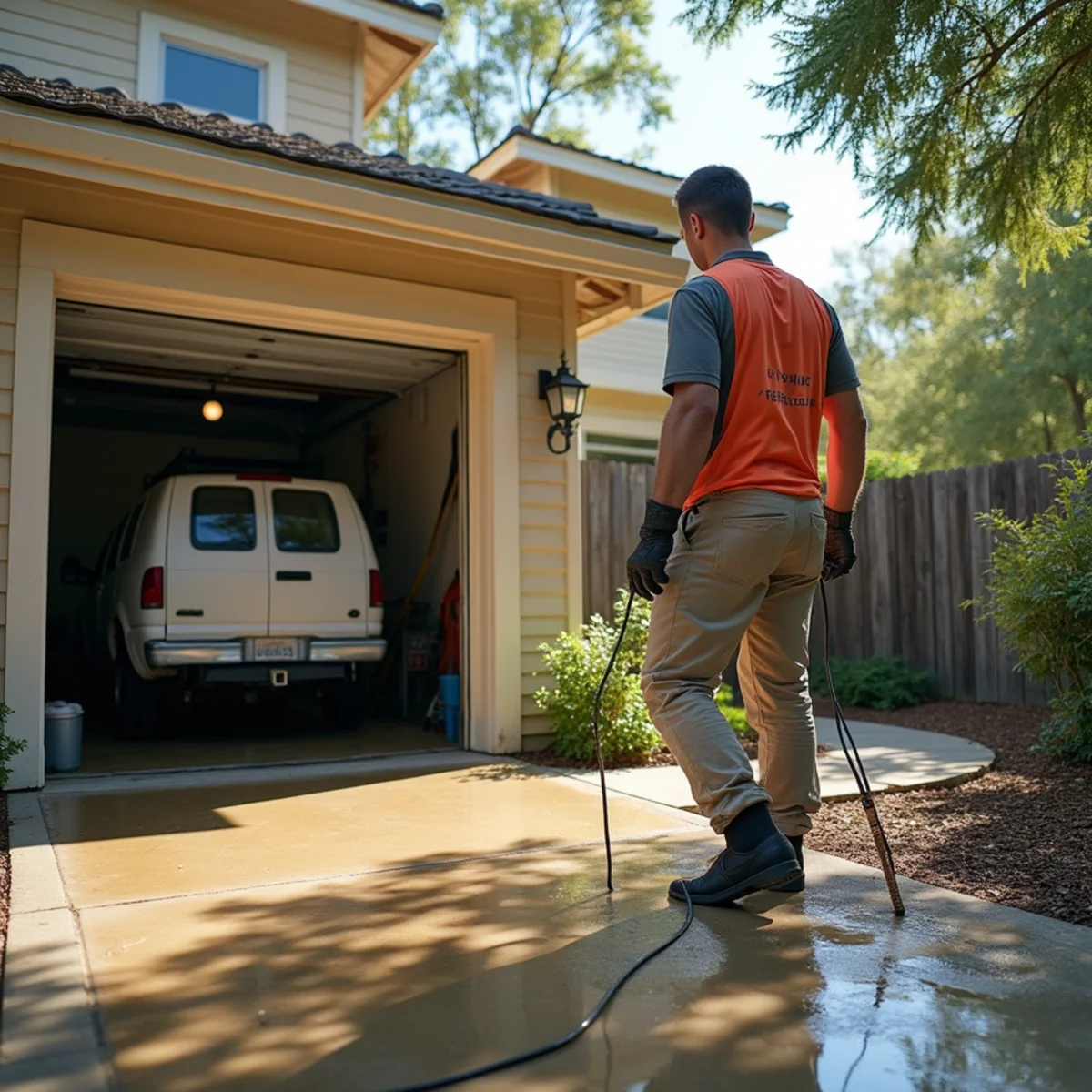 Water damage restoration crew extracting storm runoff from an Olympus Pointe hillside garage