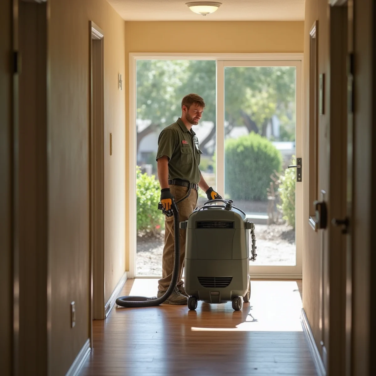 Water damage restoration technician drying a Sun City Roseville garage after a water heater failure