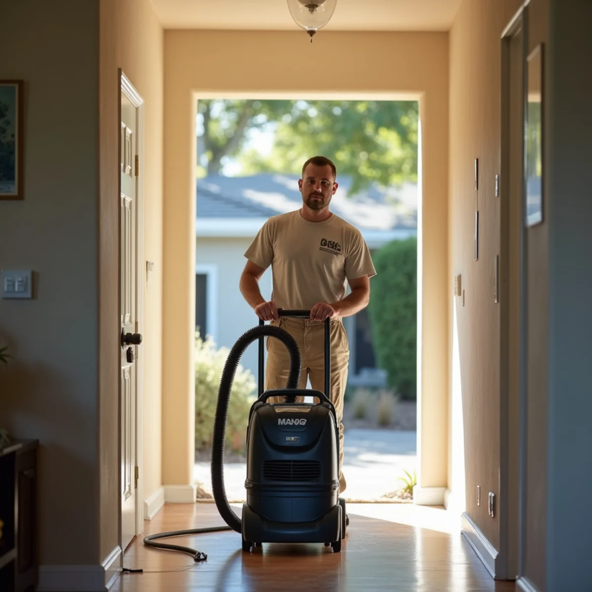 Water damage restoration crew extracting storm water from an Antelope living room