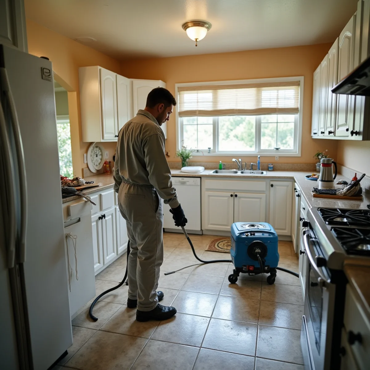 Water damage restoration technician checking moisture readings in a Carmichael hallway