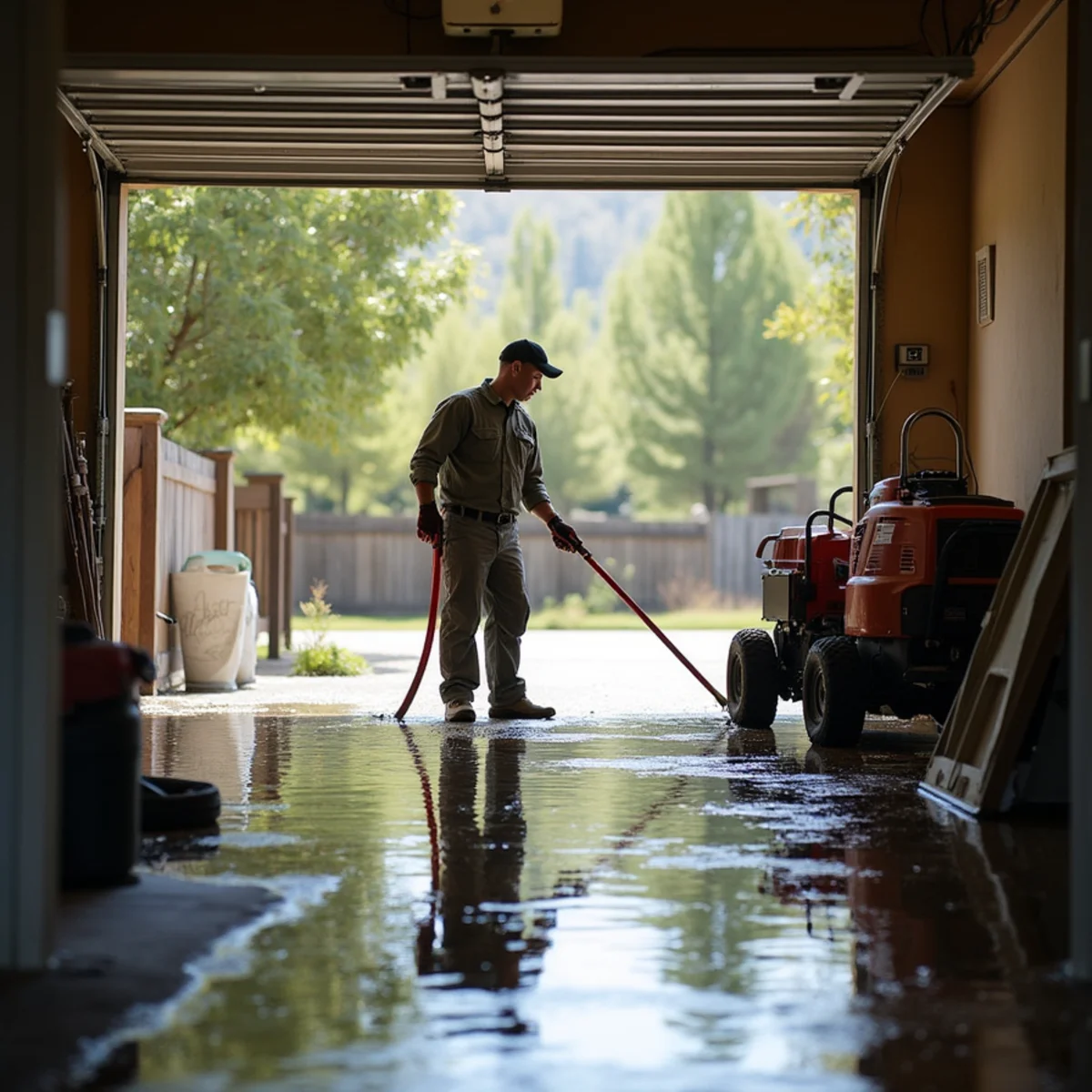 Sewage cleanup crew working near mature oak trees at a Granite Bay Woods estate home
