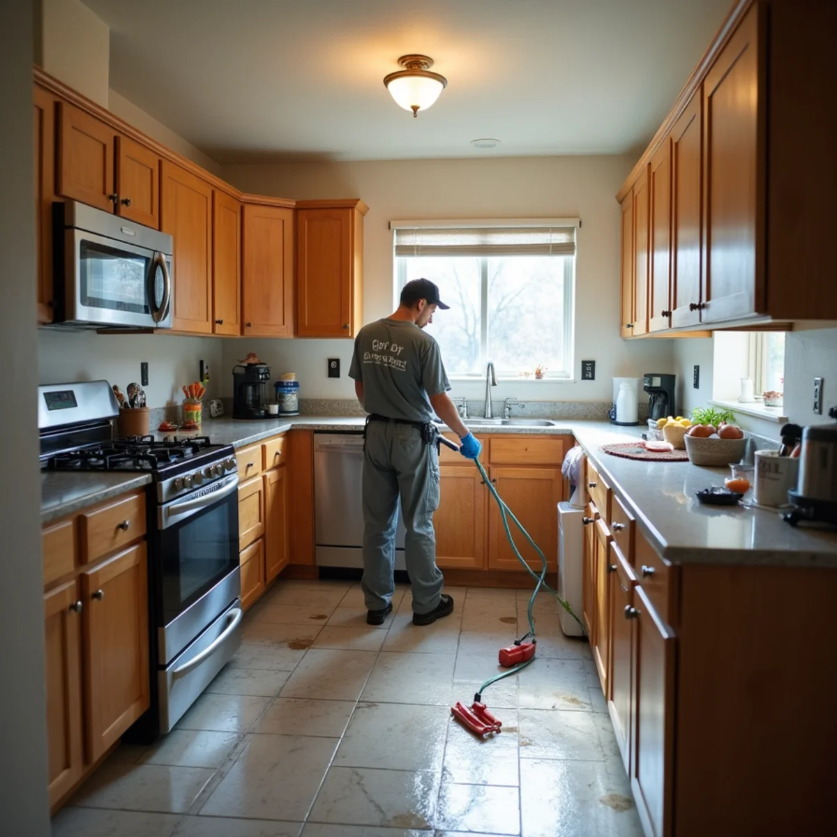 Restoration technician inspecting a sewage backup in a Granite Bay home
