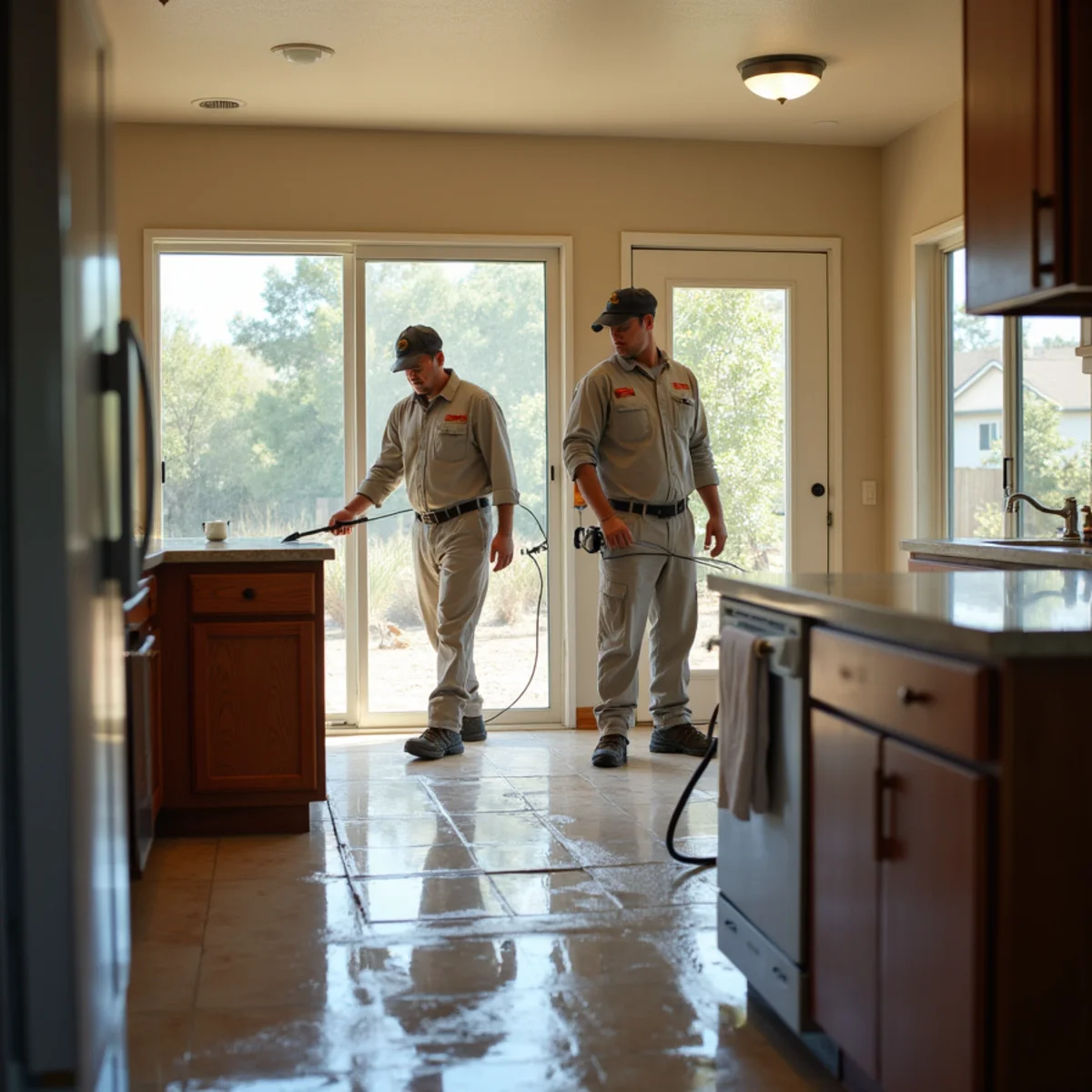 Restoration technician setting up drying equipment in a Twelve Bridges golf community home