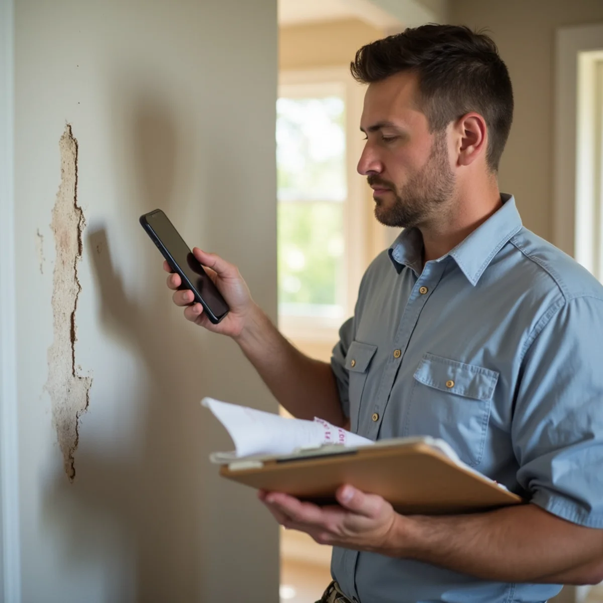A restoration technician photographing water damage and logging moisture readings for a Placer County insurance claim