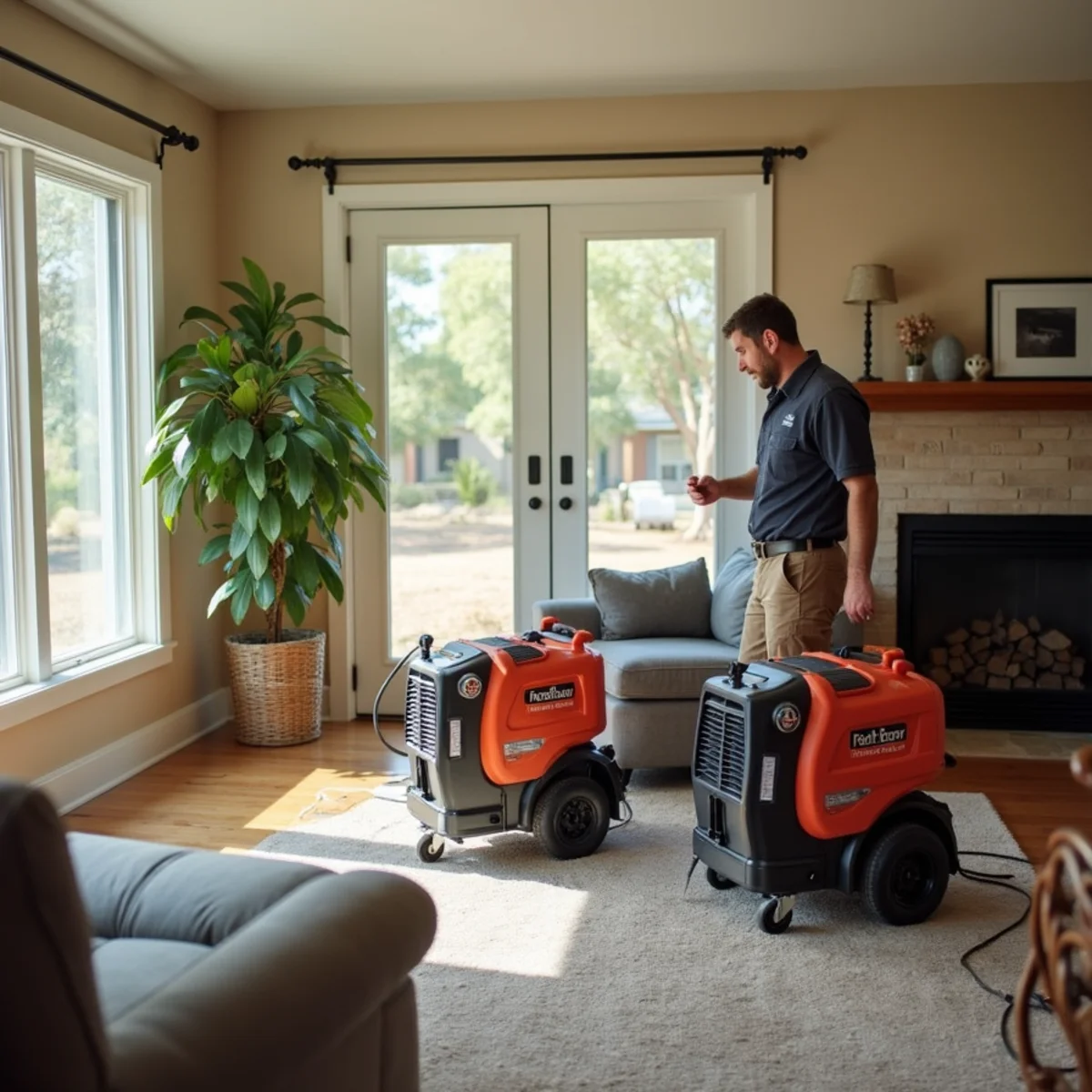Water damage restoration crew extracting floodwater from a Placer County property