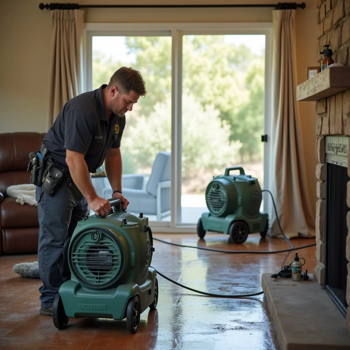Water damage crew running air movers in a Rocklin Ranch home near Rocklin High