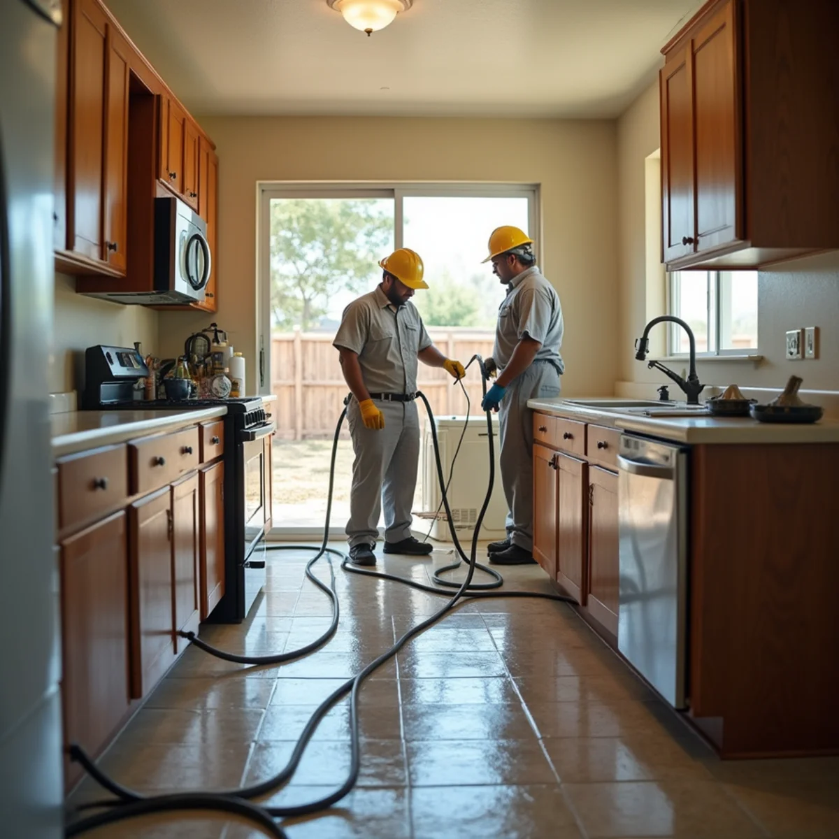 Water damage restoration technician extracting water in a Stanford Ranch home