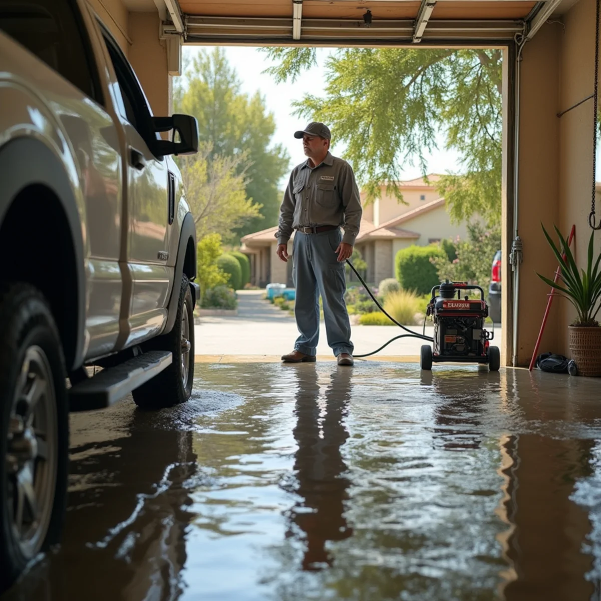 Restoration crew setting up dehumidifiers in a Whitney Ranch living room