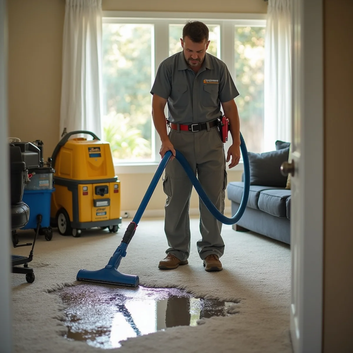 Technician running air movers in a flooded Rocklin living room