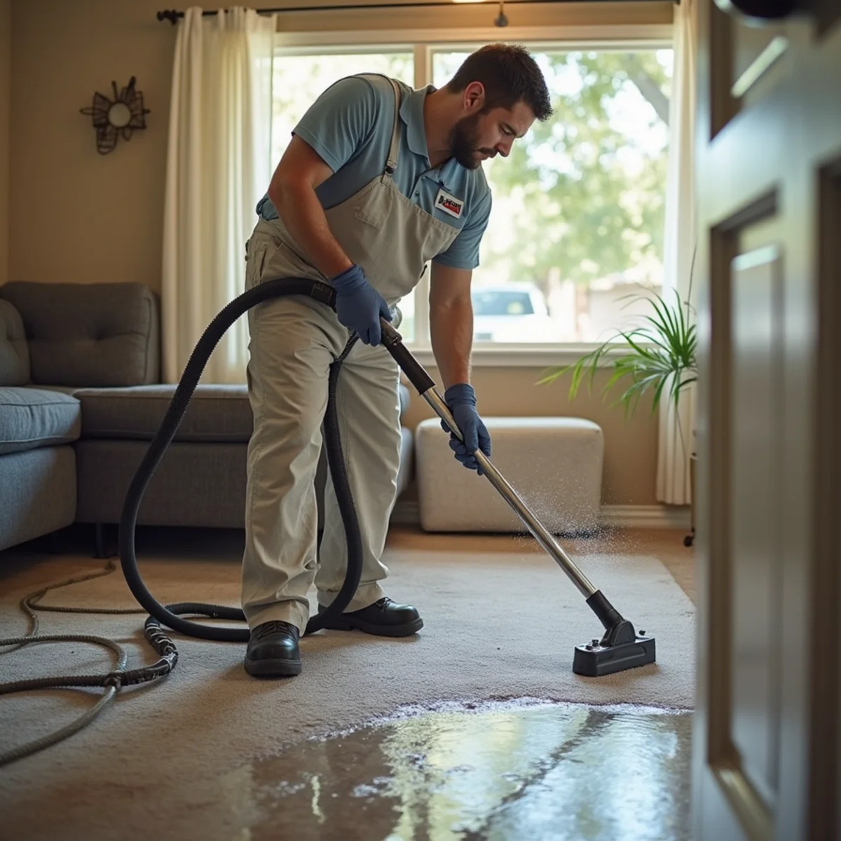 Water damage restoration technician setting up drying equipment in a Rosemont home