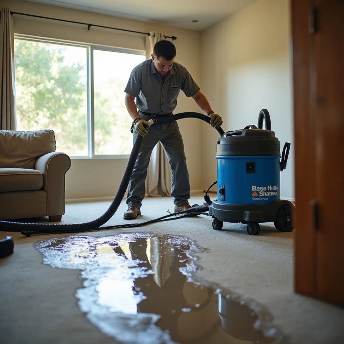 Water damage restoration technician assessing a flooded rural Weimar property