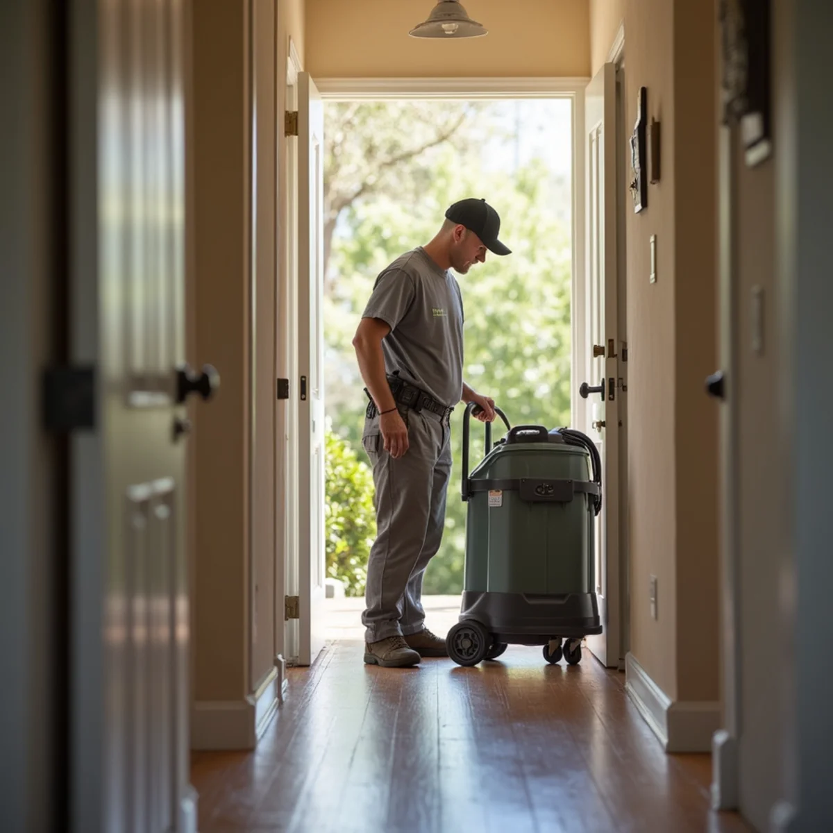 Water damage restoration technician drying a flooded Woodland home