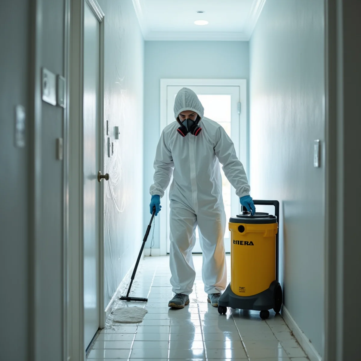 Technician in protective gear cleaning a sewage backup in a Roseville home
