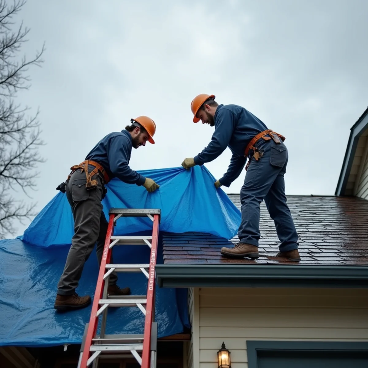 Storm damage cleanup crew tarping and drying a Roseville home after a winter storm