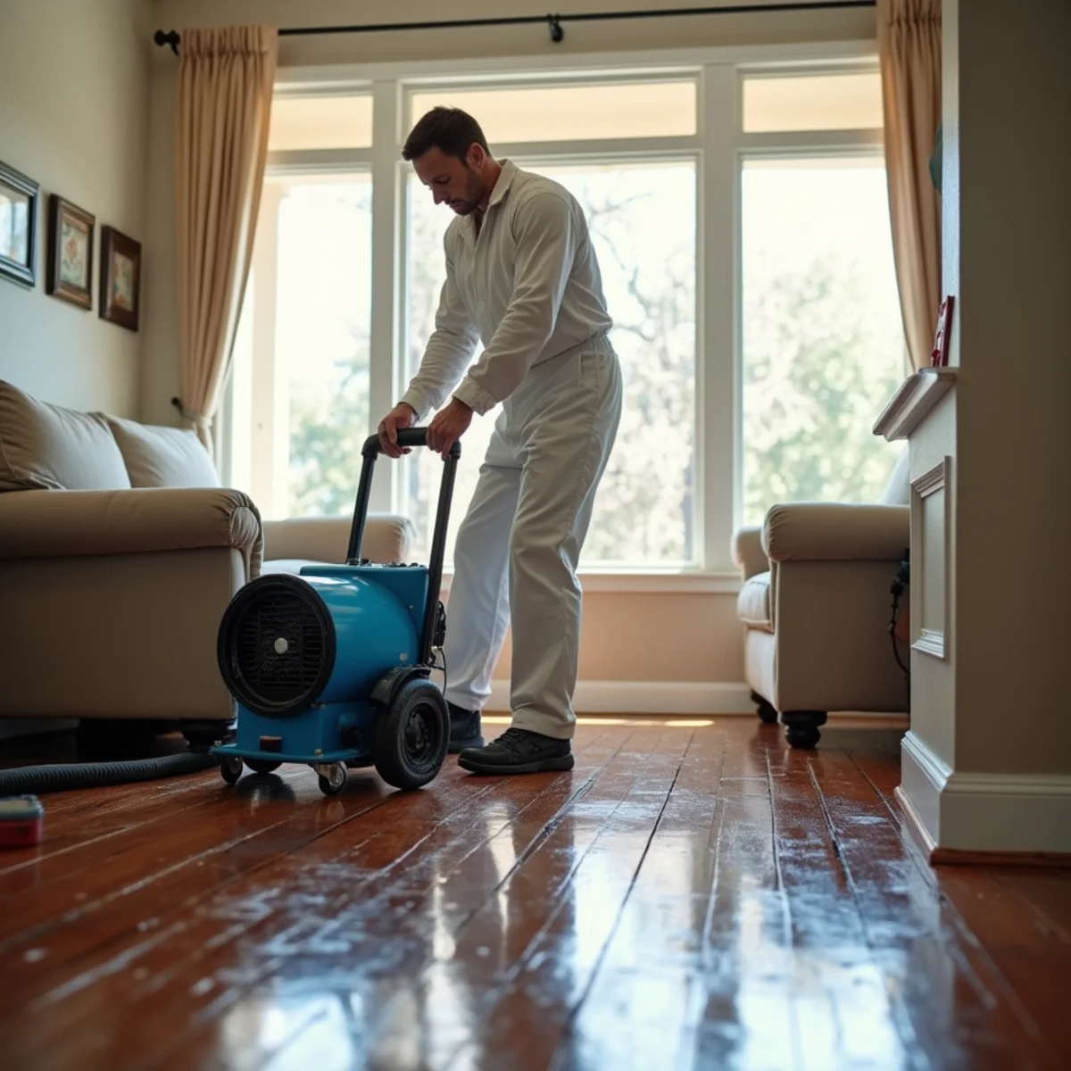 Water damage restoration technician setting up drying equipment in a Roseville home